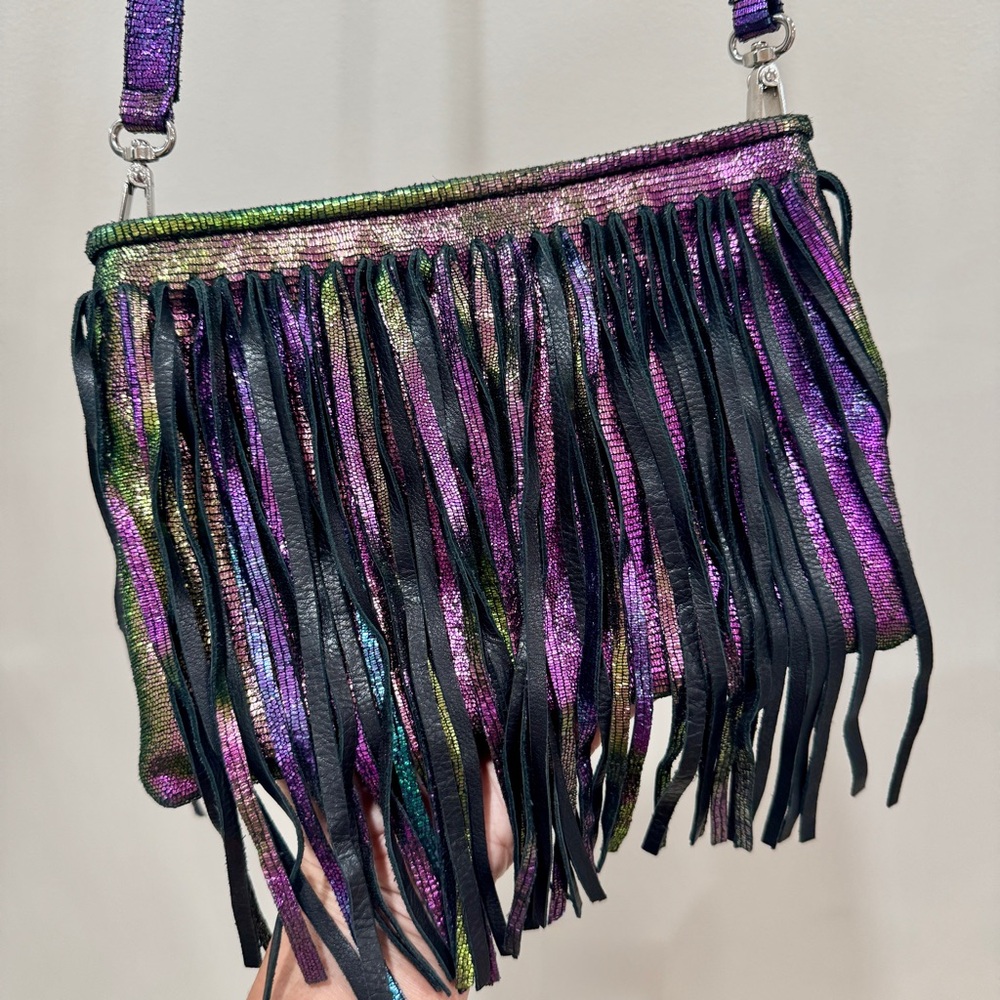 Posse Iridescent Leather Fringe Crossbody Clutch Bag Boho Festival Statement